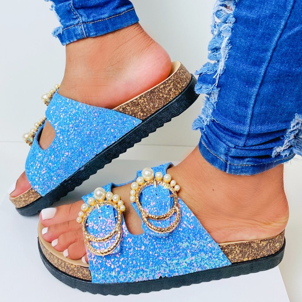 “Chelsea” glitter and pearl slip on sandals